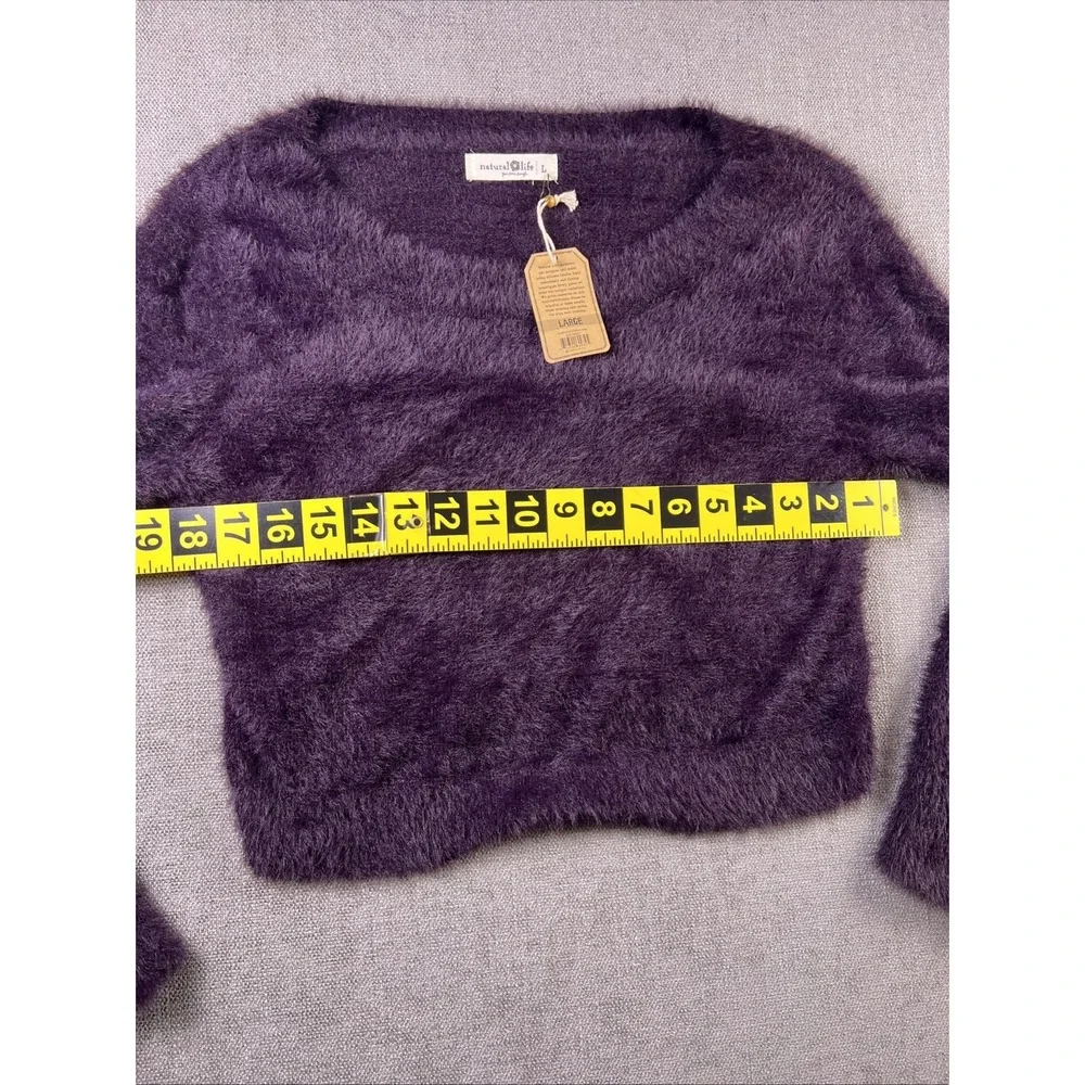 Natural Life Fuzzy Cropped Sweater‎ Boat Neck Long Sleeve Womens L Plum Purple